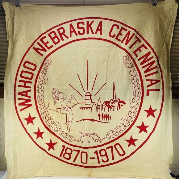 Wahoo Centennial Linen Banner Flag Sign Wahoo Nebraska NE 1970 34"x34" - Picture 2 of 9